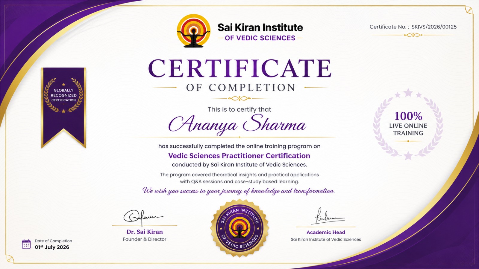Sai Kiran Institute Certificate of Completion